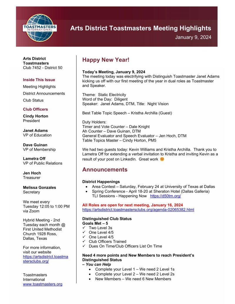 meeting highlights, Arts District Toastmasters International, Achievement, online learning