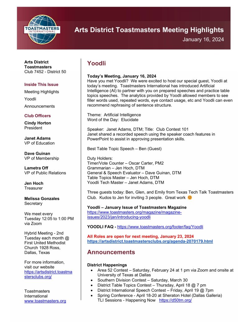 Toastmasters, Yoodli, AI, online learning, Dallas