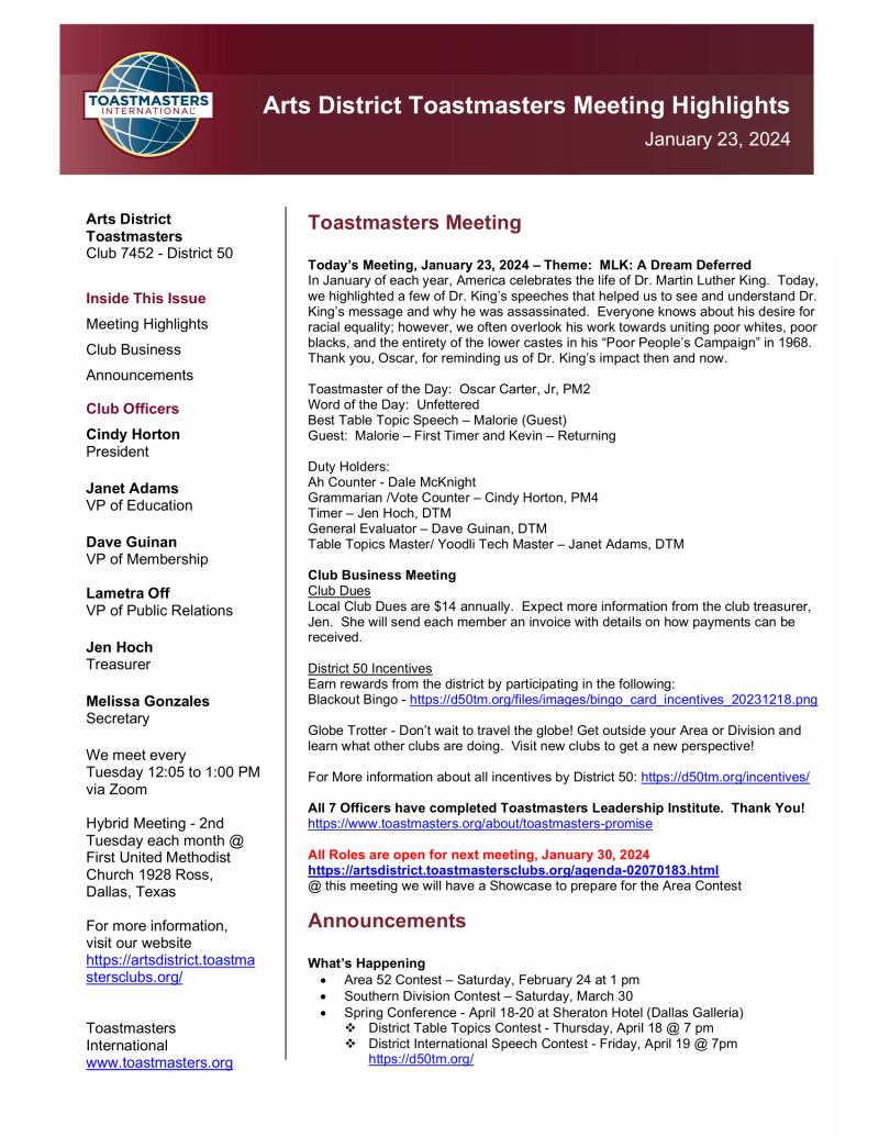 meeting highlights, Toastmasters, online training