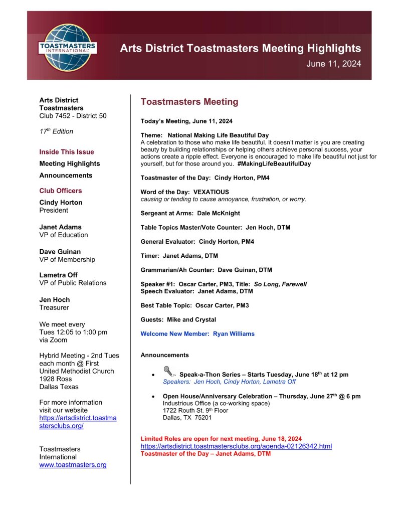 Toastmaster meeting, highlights, Arts District, Downtown Dallas, Fun