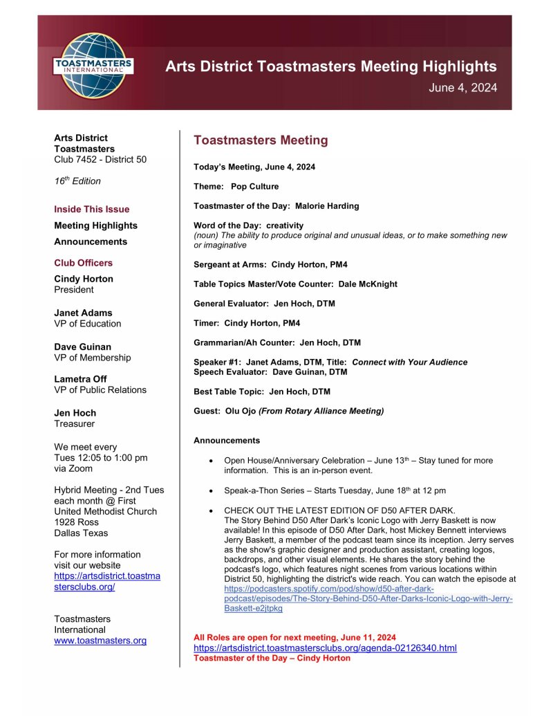 downtown Dallas, Toastmasters, on-line training, public speaking